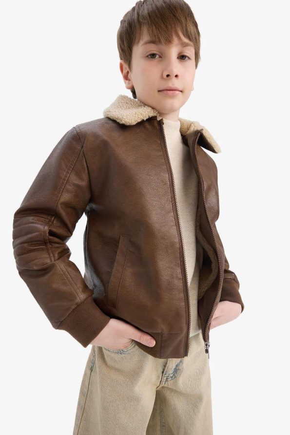 Boys' Polo Collar Fleece Lined Zipper Jacket