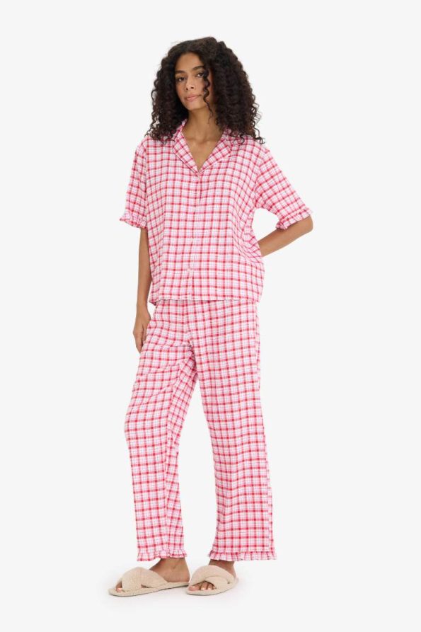 Checkered Short Sleeve Pajama Set with Long Pants - Fall in Love