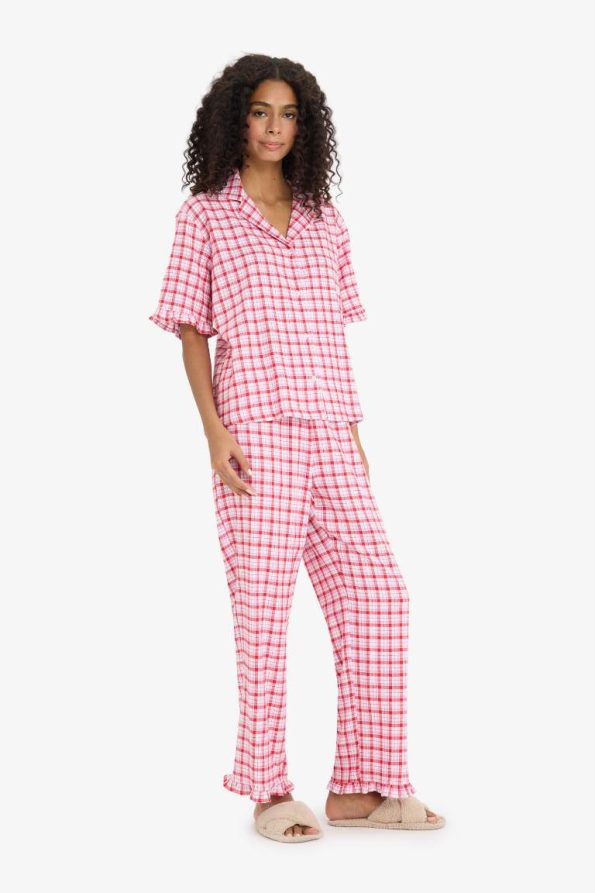 Checkered Short Sleeve Pajama Set with Long Pants - Fall in Love