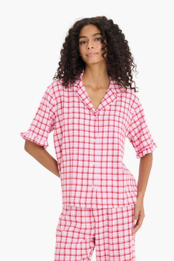 Checkered Short Sleeve Pajama Set with Long Pants - Fall in Love