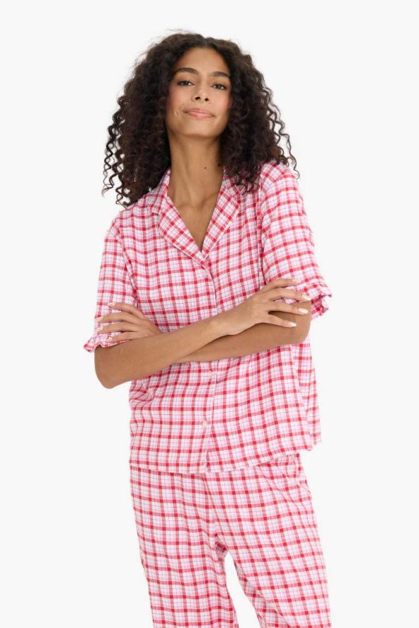 Checkered Short Sleeve Pajama Set with Long Pants - Fall in Love