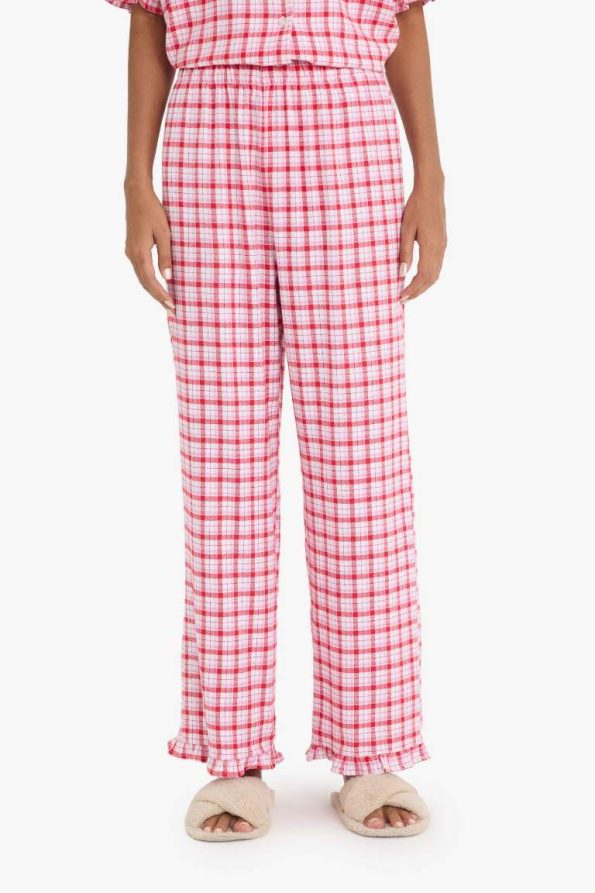 Checkered Short Sleeve Pajama Set with Long Pants - Fall in Love