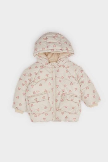Girls' Waterproof Hooded Patterned Zip-Up Puffer Jacket
