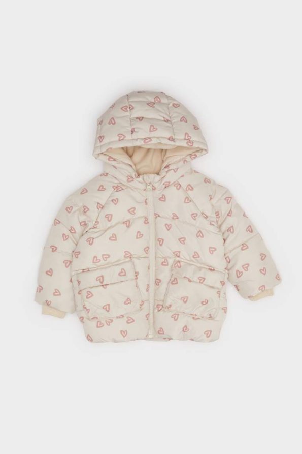 Girls' Waterproof Hooded Patterned Zip-Up Puffer Jacket