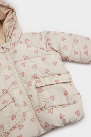 Girls' Waterproof Hooded Patterned Zip-Up Puffer Jacket