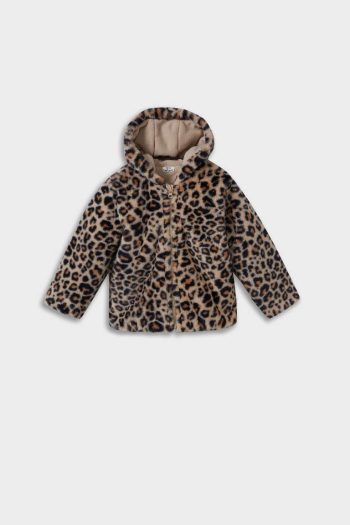 Girls' Hooded Leopard Print Zip-Up Plush Coat