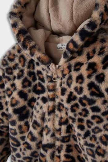Girls' Hooded Leopard Print Zip-Up Plush Coat