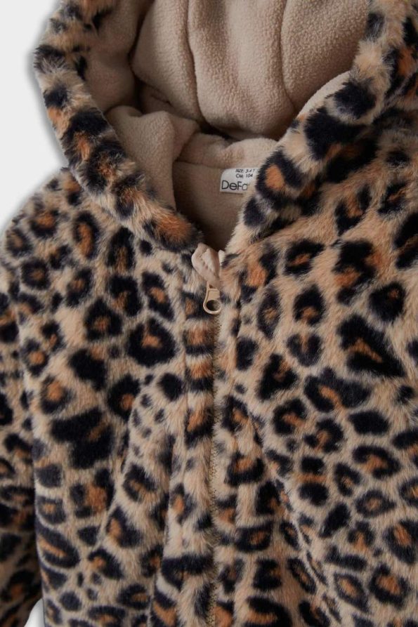 Girls' Hooded Leopard Print Zip-Up Plush Coat
