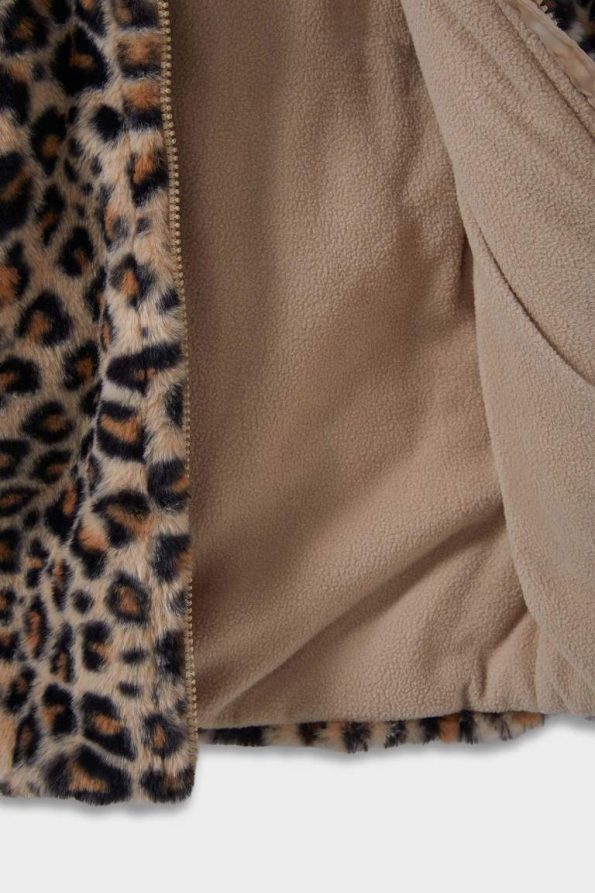 Girls' Hooded Leopard Print Zip-Up Plush Coat