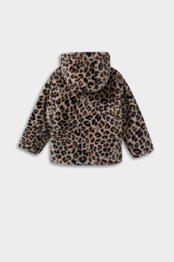 Girls' Hooded Leopard Print Zip-Up Plush Coat