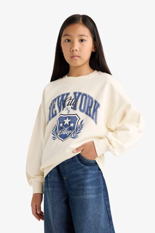Girls' Relaxed Fit Printed Crew Neck Sweatshirt