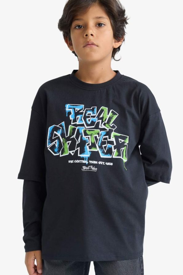 Boys' Oversized Wide Fit Printed Long Sleeve T-Shirt