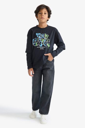 Boys' Oversized Wide Fit Printed Long Sleeve T-Shirt