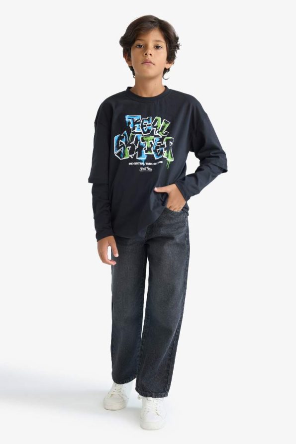 Boys' Oversized Wide Fit Printed Long Sleeve T-Shirt