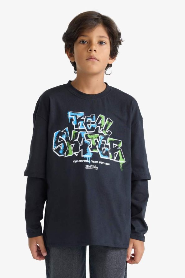 Boys' Oversized Wide Fit Printed Long Sleeve T-Shirt