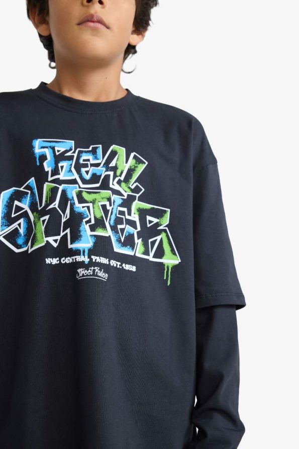 Boys' Oversized Wide Fit Printed Long Sleeve T-Shirt