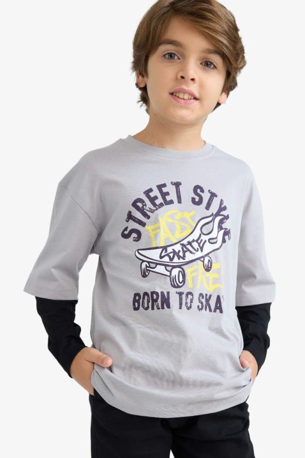 Boys' Oversized Wide Fit Crew Neck Printed Long Sleeve T-Shirt