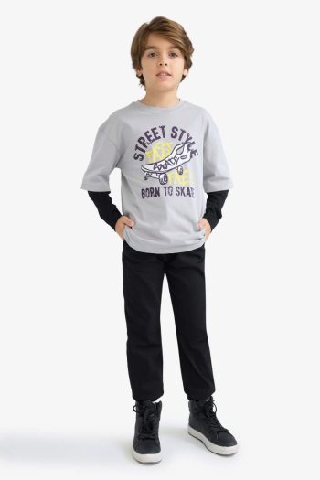Boys' Oversized Wide Fit Crew Neck Printed Long Sleeve T-Shirt