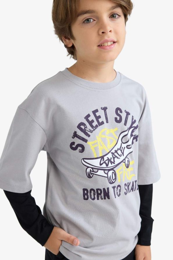 Boys' Oversized Wide Fit Crew Neck Printed Long Sleeve T-Shirt