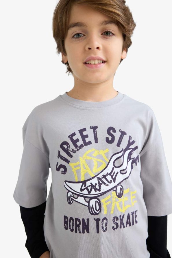 Boys' Oversized Wide Fit Crew Neck Printed Long Sleeve T-Shirt