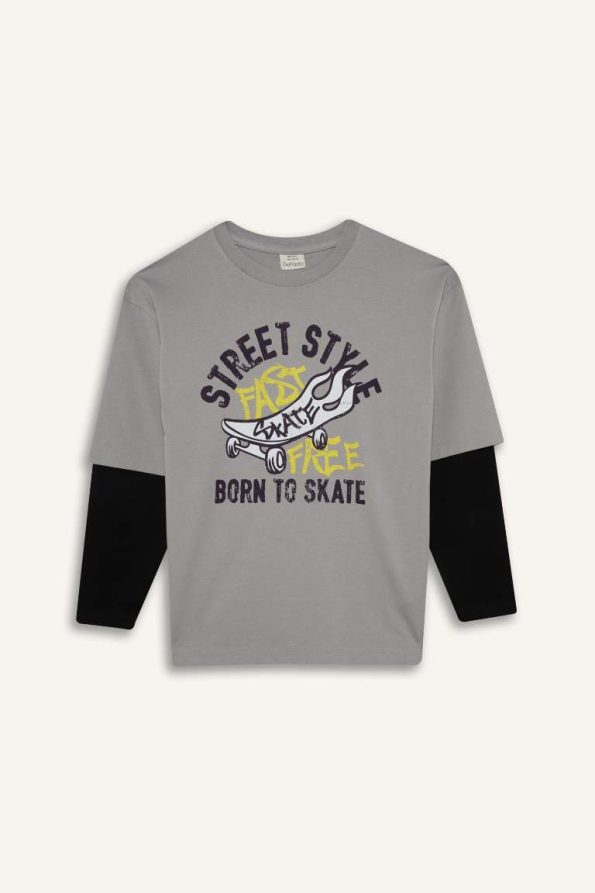 Boys' Oversized Wide Fit Crew Neck Printed Long Sleeve T-Shirt