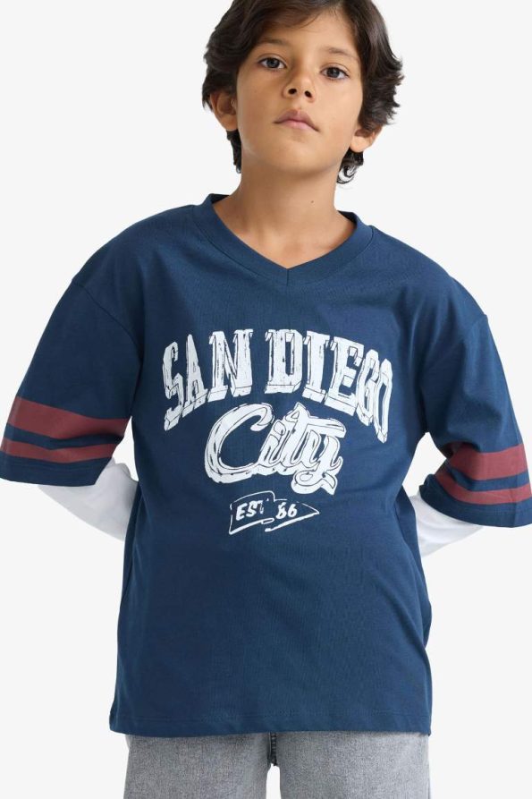 Boys' Oversized V-Neck Printed Long Sleeve T-Shirt
