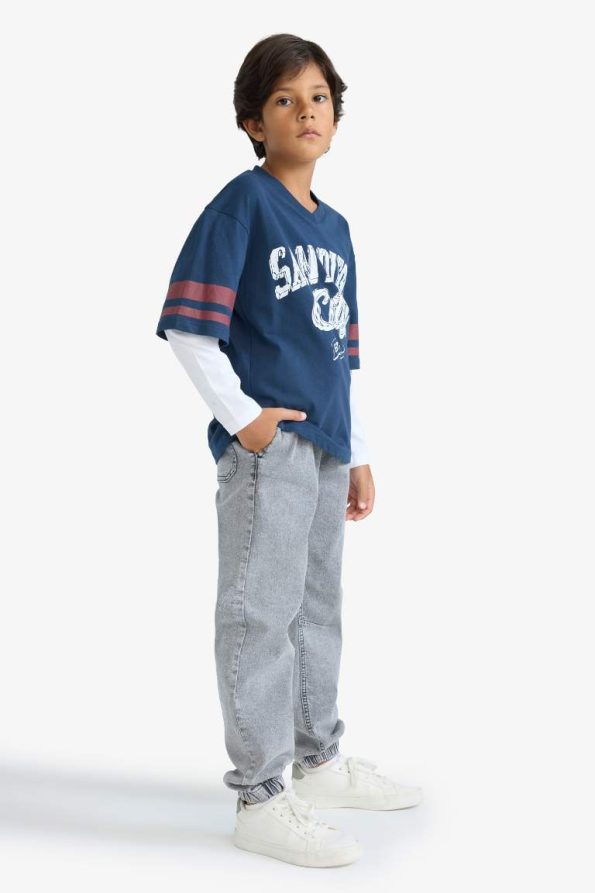 Boys' Oversized V-Neck Printed Long Sleeve T-Shirt