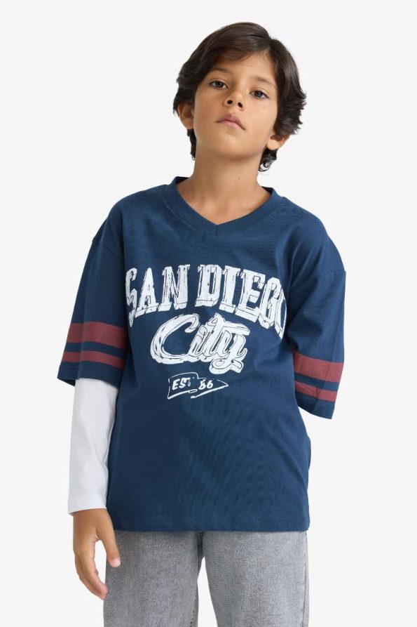 Boys' Oversized V-Neck Printed Long Sleeve T-Shirt