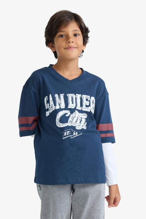 Boys' Oversized V-Neck Printed Long Sleeve T-Shirt