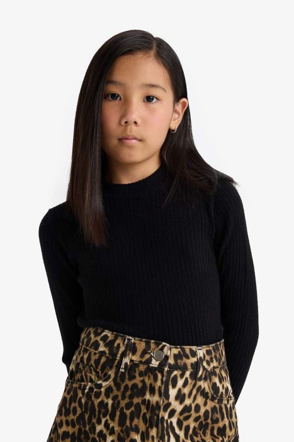 Girls' Fitted Crew Neck Ribbed Sweater