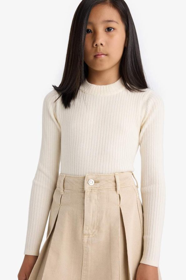 Girls' Fitted Crew Neck Ribbed Sweater