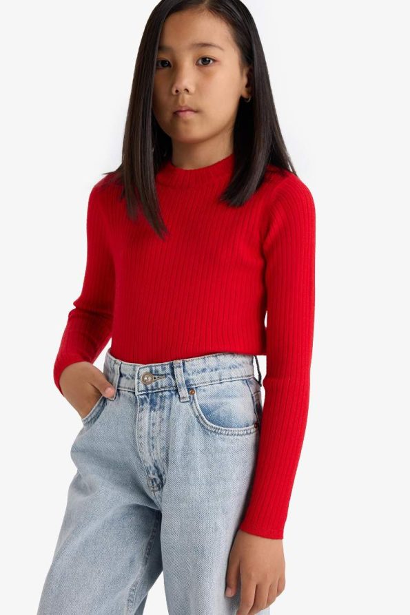 Girls' Fitted Crew Neck Ribbed Sweater