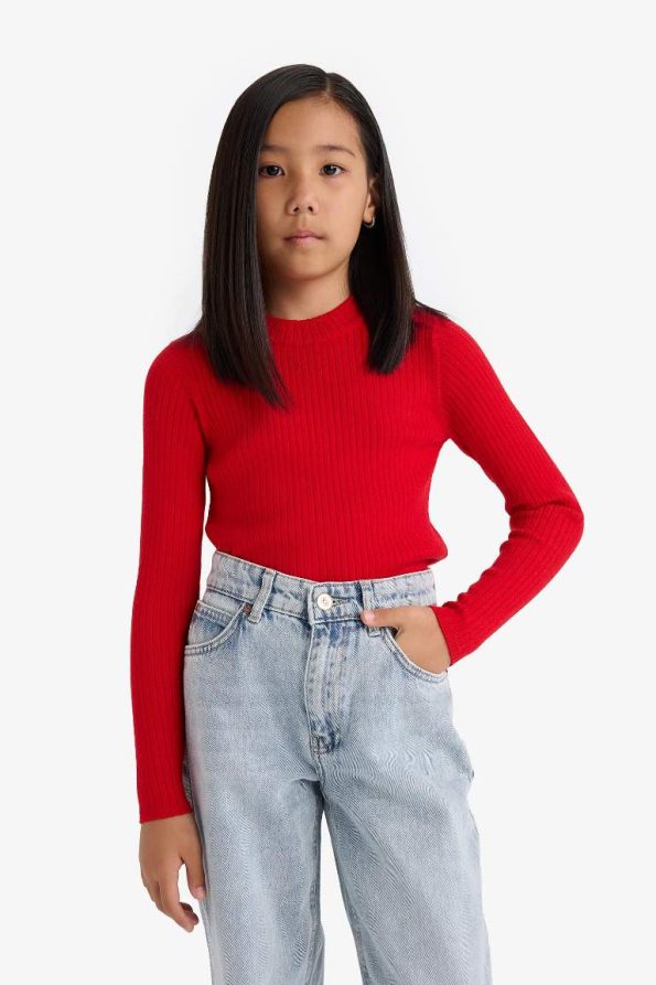 Girls' Fitted Crew Neck Ribbed Sweater