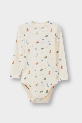 Boys' Two-Piece Dinosaur Print Long Sleeve Ribbed Bodysuit Set