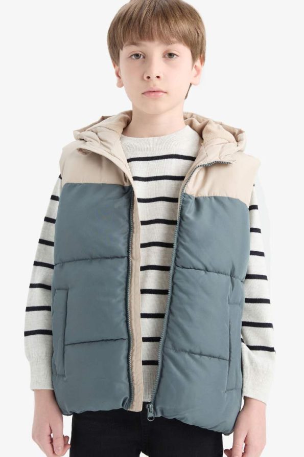 Boys' Waterproof Hooded Fleece Lined Zippered Puffer Vest