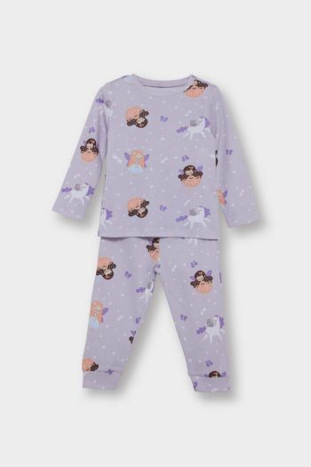 Girls' Long Sleeve Pajama Set with Patterned Top and Long Pants