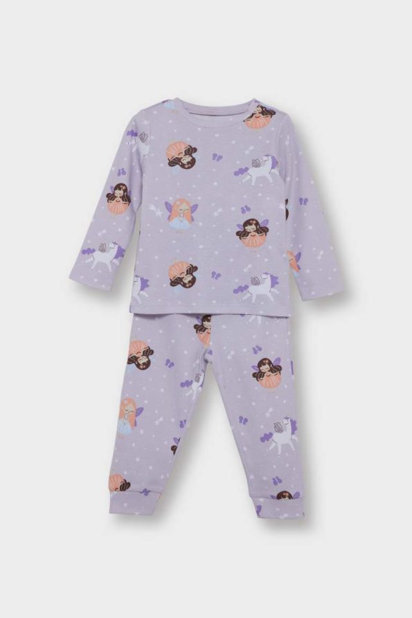 Girls' Long Sleeve Pajama Set with Patterned Top and Long Pants