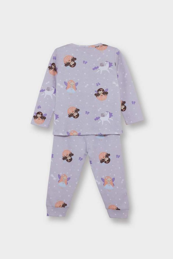 Girls' Long Sleeve Pajama Set with Patterned Top and Long Pants