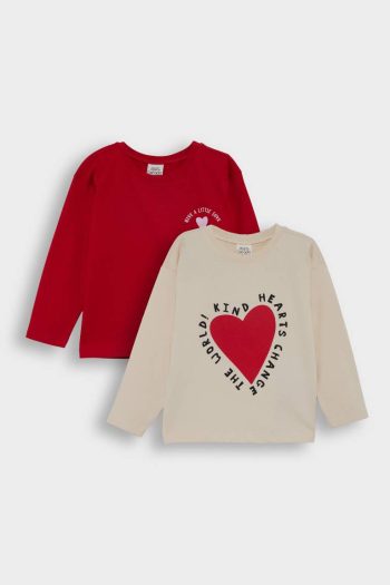Girls' Baby Heart Patterned Crew Neck Long Sleeve T-Shirt Set