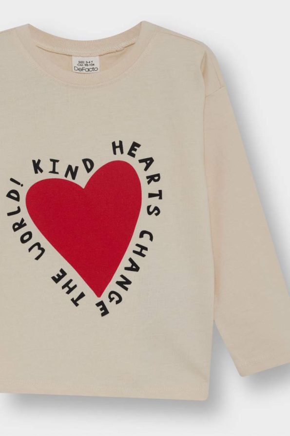 Girls' Baby Heart Patterned Crew Neck Long Sleeve T-Shirt Set