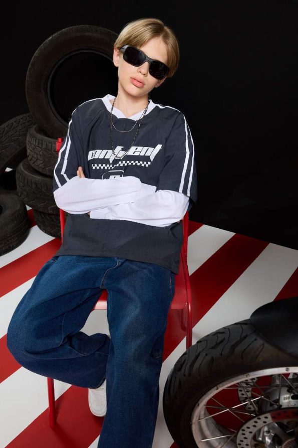 Boys' Oversized V-Neck Printed Long Sleeve T-Shirt