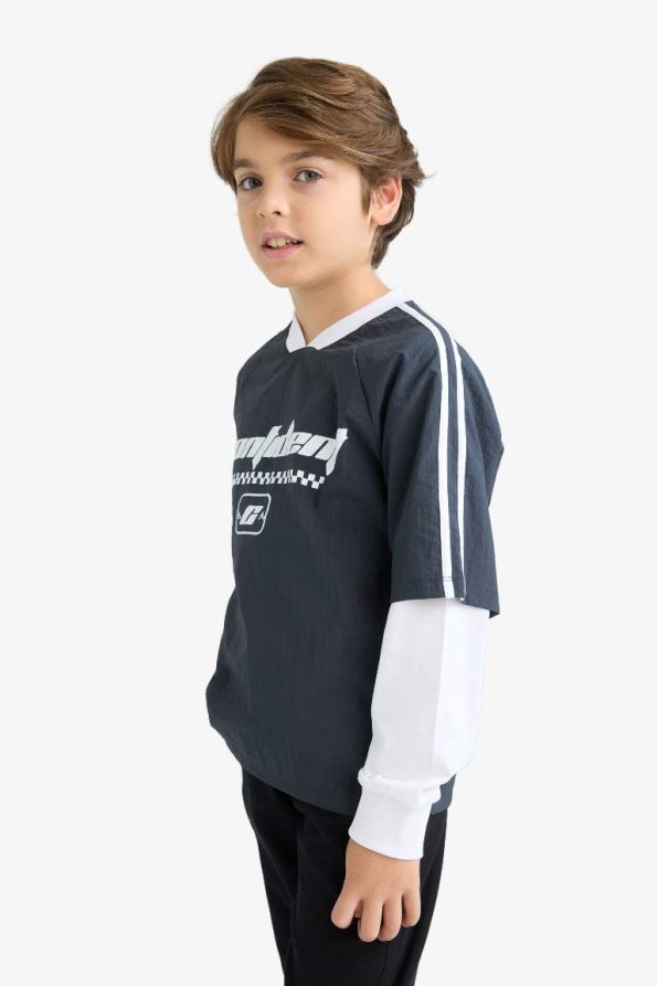 Boys' Oversized V-Neck Printed Long Sleeve T-Shirt