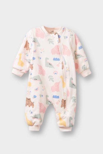 Girls' Baby 1 Tog Fleece Dinosaur Print Long Sleeve Zippered Jumpsuit