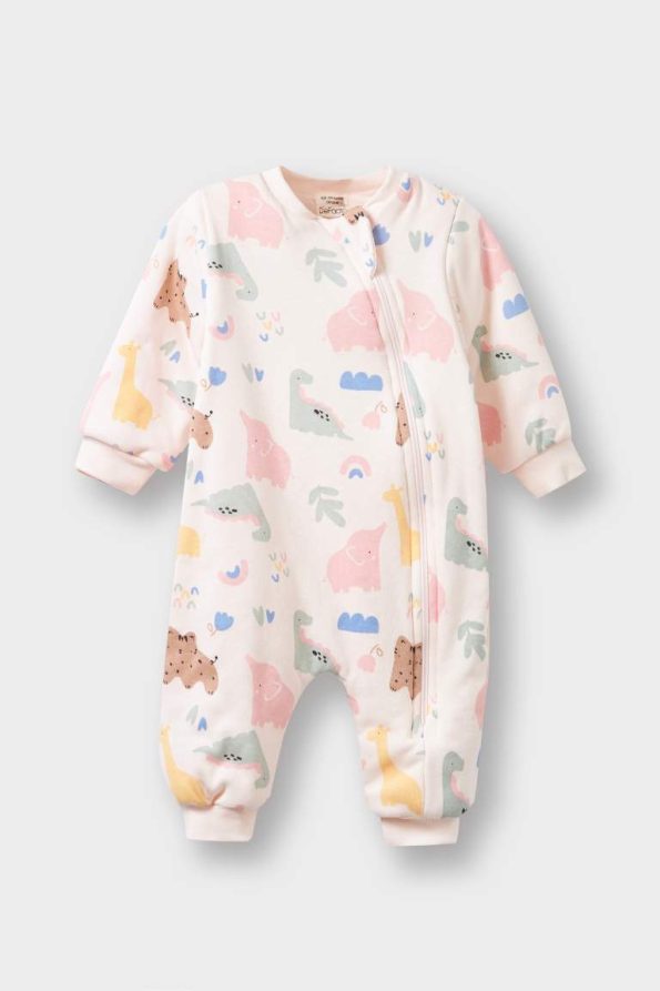 Girls' Baby 1 Tog Fleece Dinosaur Print Long Sleeve Zippered Jumpsuit