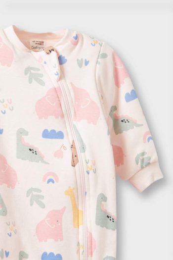 Girls' Baby 1 Tog Fleece Dinosaur Print Long Sleeve Zippered Jumpsuit