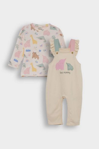 Girls' Baby 2-Piece Set with Dinosaur Print Long Sleeve T-Shirt and Overalls