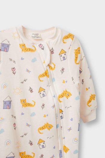 Newborn Girls' 1 Tog Patterned Zippered Long Sleeve Cotton Romper