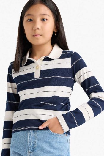 Girls' Striped Long Sleeve Fitted Polo Shirt