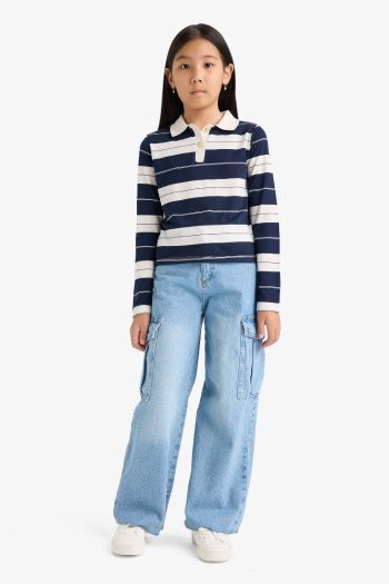 Girls' Striped Long Sleeve Fitted Polo Shirt