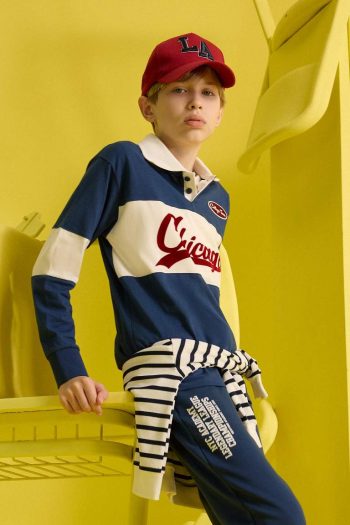 Boys' Oversized Fit Polo Collar Embroidered Long Sleeve School T-Shirt